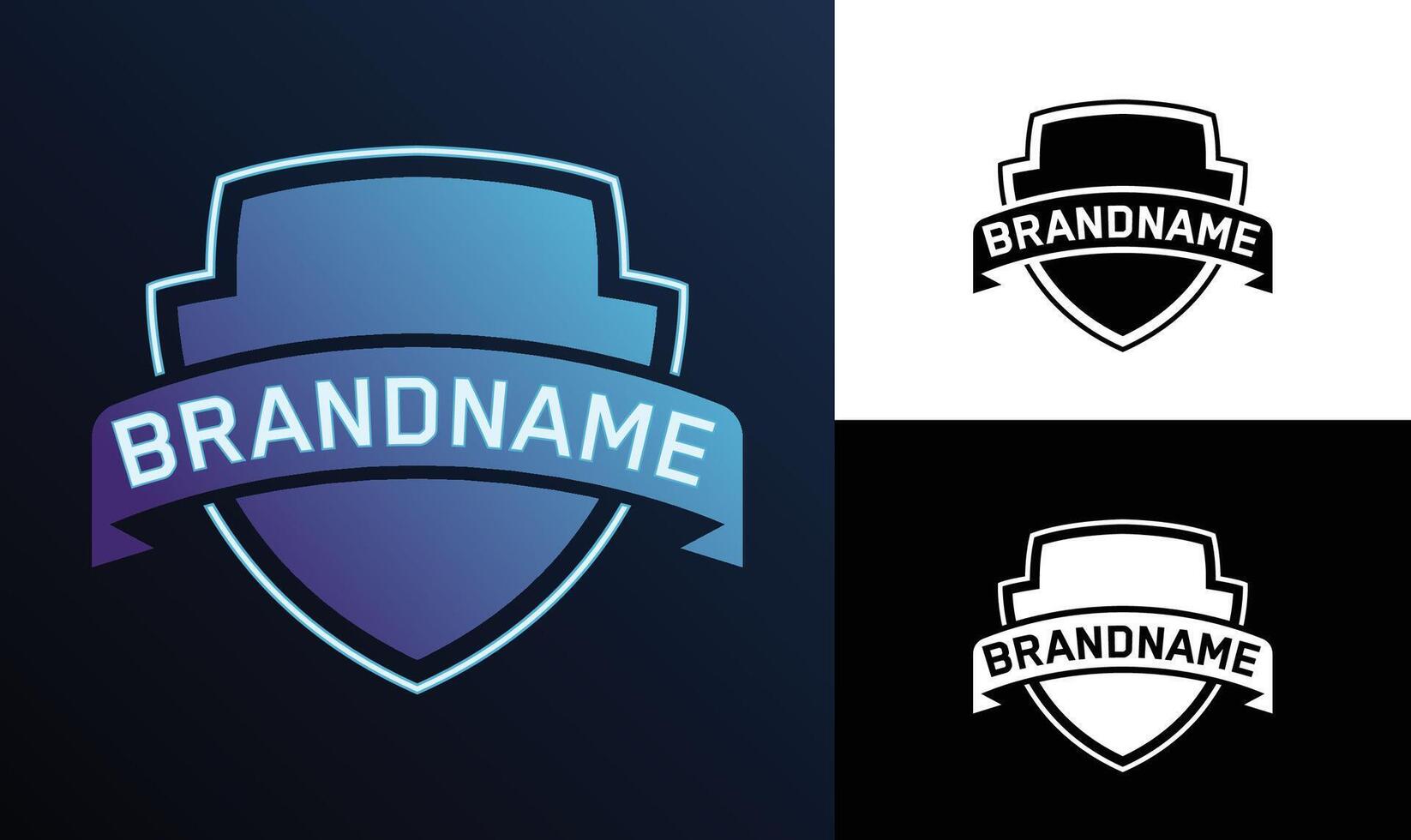 Retro shield logo design template with banner for sports team gaming brand or vintage identity vector