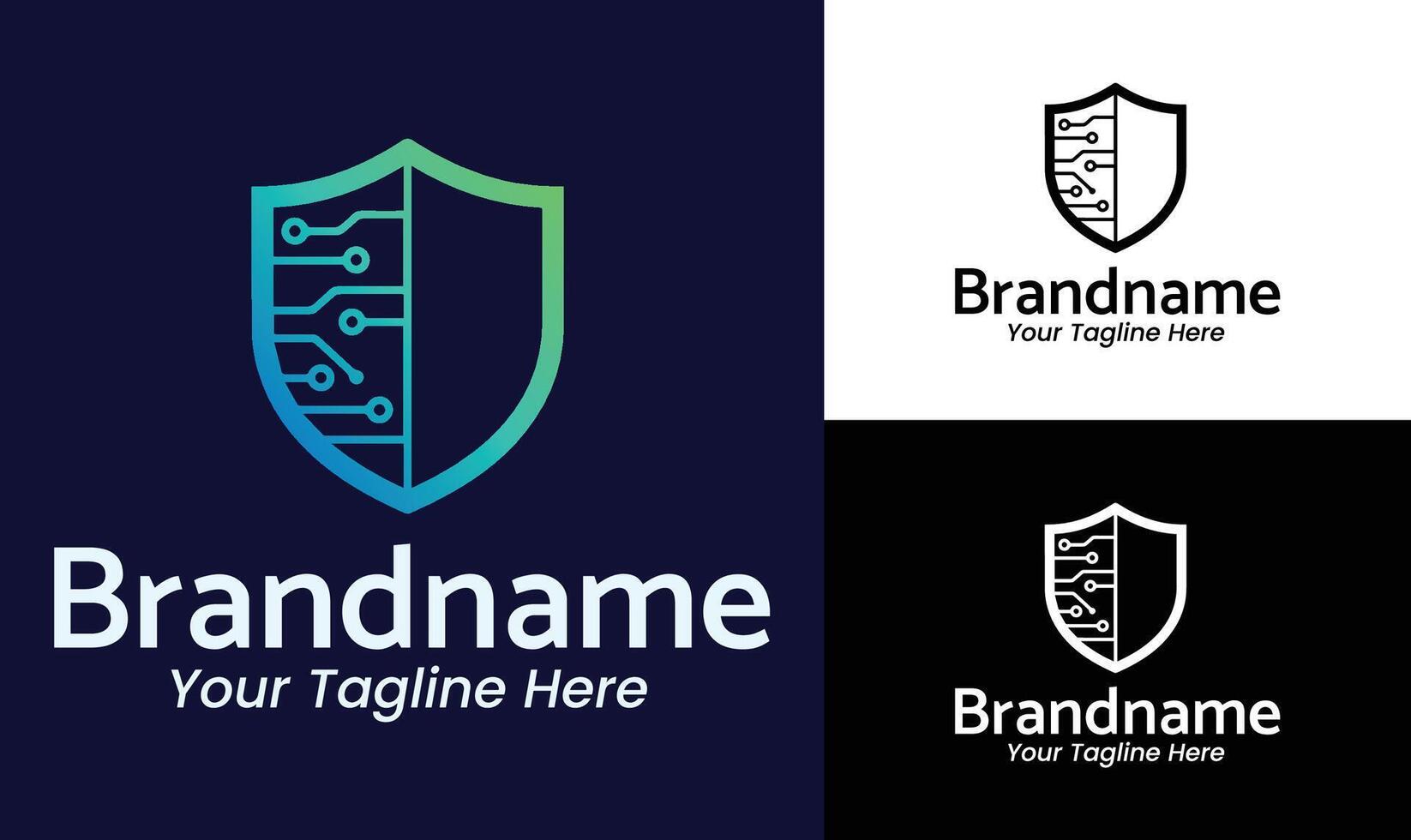 Tech circuit shield logo design template for cybersecurity company software brand or digital protection service vector