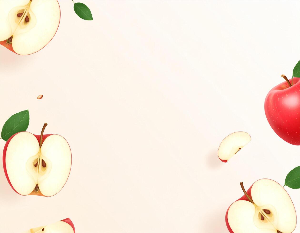 Falling whole and cut apples with free copy paste space photo