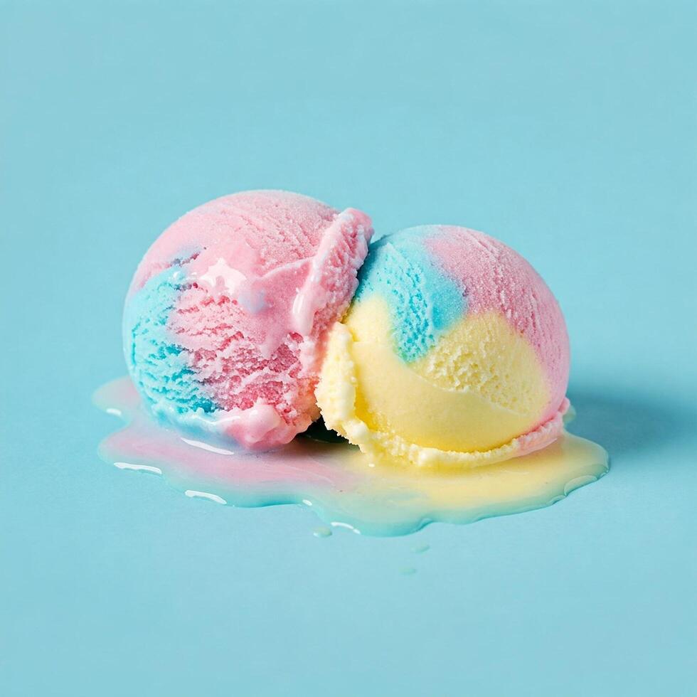 Melting colorful ice cream on blue surface photo