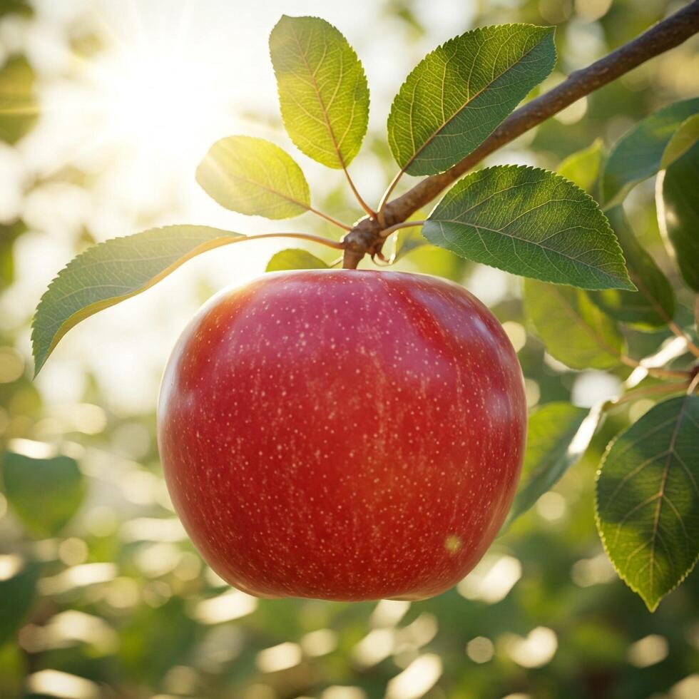 Red ripe apple hanging on a tree branch photo