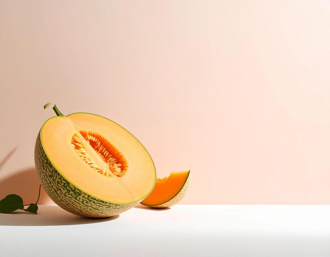 Half and a slice of melon on pastel background with free space for text photo