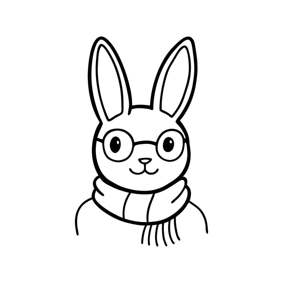 Line art drawing of a rabbit head wearing round glasses and a scarf vector
