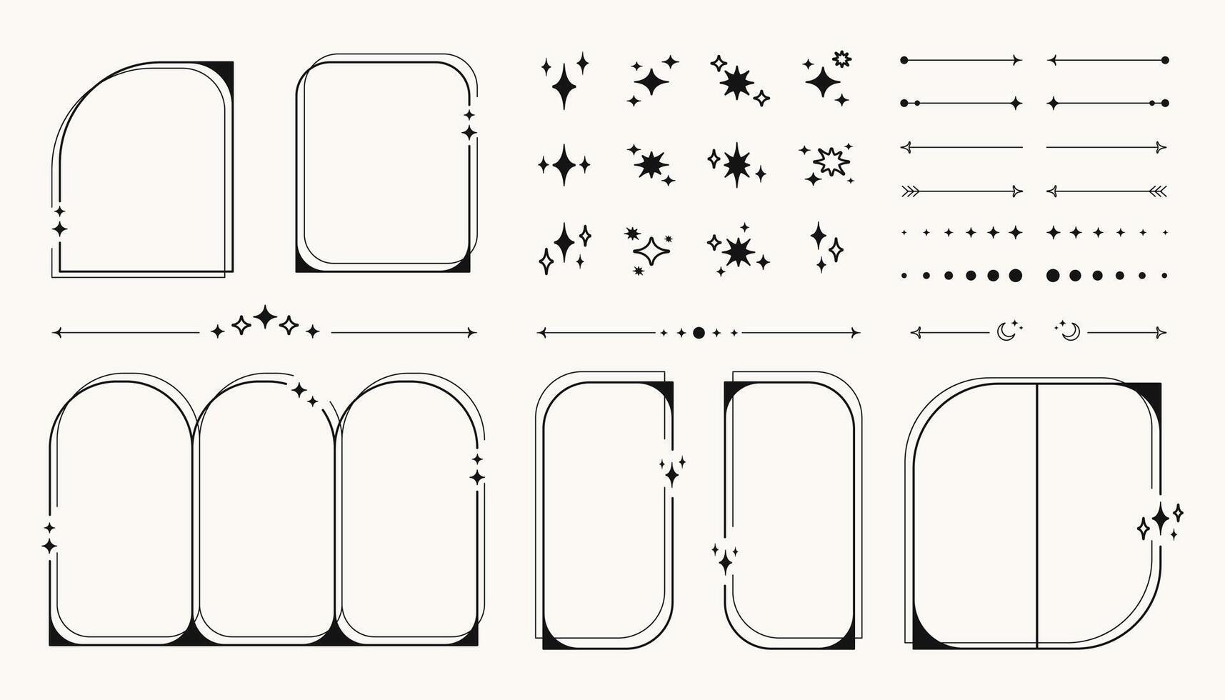 Retro y2k frames, symbols and shapes, futuristic abstract frames and symbols with arrows, blinking stars and moon. design elements set. vector