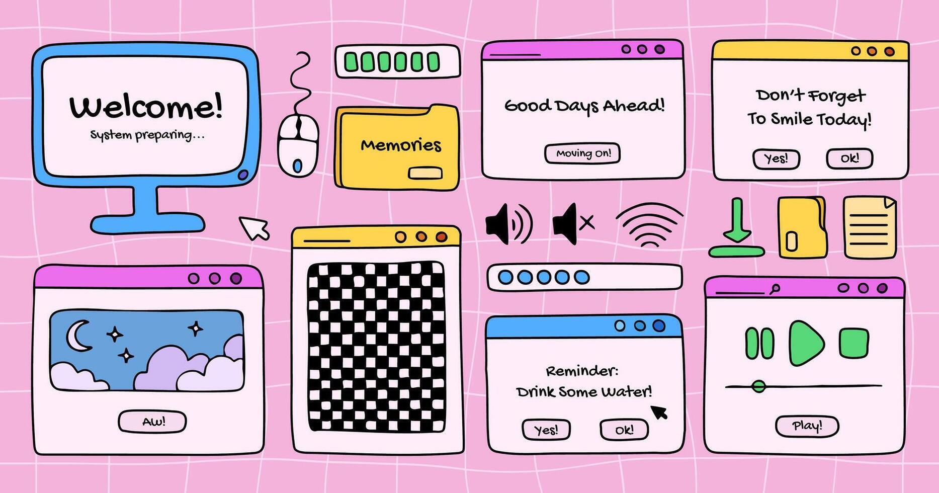 Computer old fashion windows and open dialog frames doodles, screen, folders and other pc user interface signs and symbols. Graphic design elements, hand drawn, black outline. vector