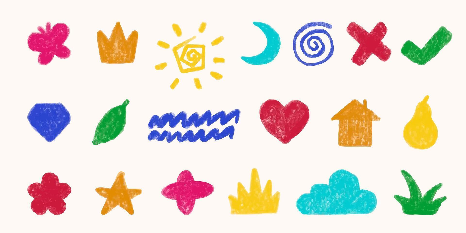 Colorful crayon doodles and scribbles with different simple concept symbols. Stickers, graphic design element set. childish illustrations. vector
