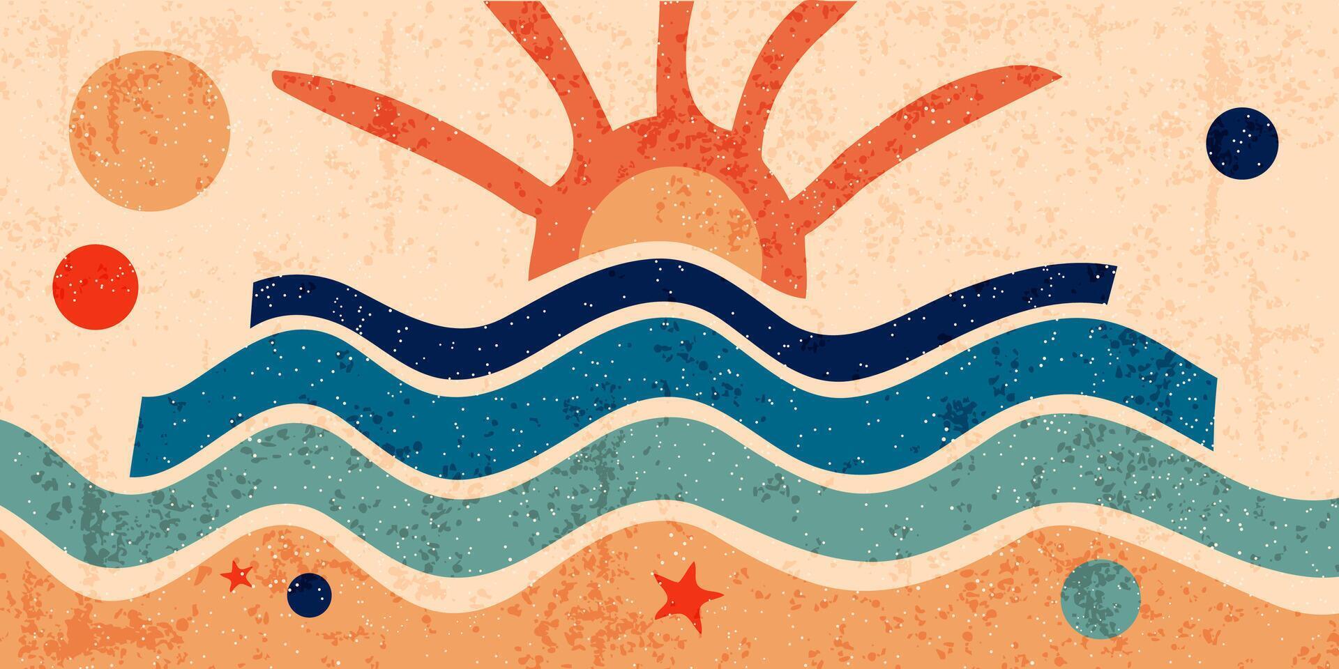 Summer beach sunrise retro banner with colorful stripes. Painted wall with the seaside with rising sun, scuffed texture and paint drops. Old-fashioned 1970s design aesthetic, illustrations. vector