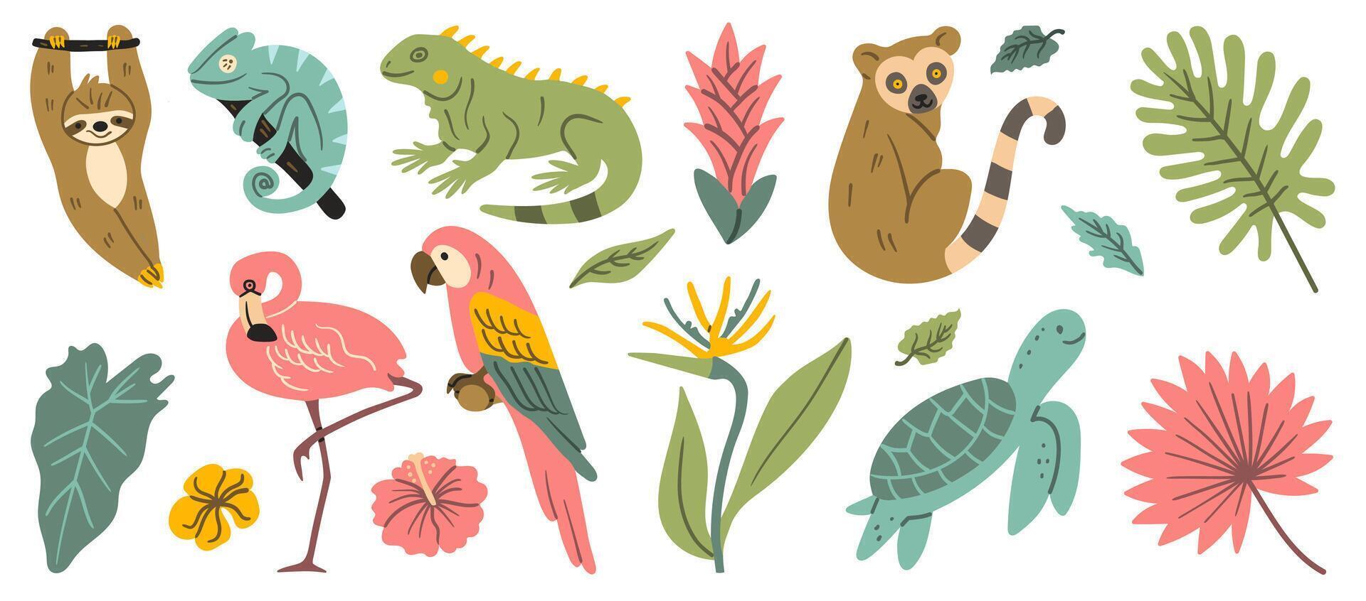 Colorful hand-drawn illustration of exotic animals and tropical plants in doodle pen imitation, featuring sloth, iguana, turtle, flamingo, parrot, chameleon, lemur, and jungle leaves. vector
