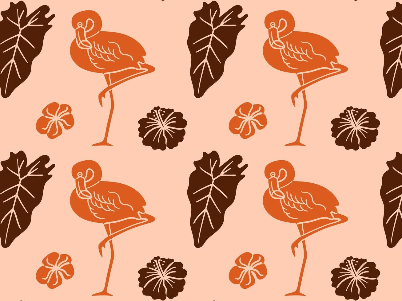 Hand-drawn seamless pattern with flamingo, leaves, and tropical flowers. Doodle pen imitation, ideal for summer projects, kids textiles, and exotic-themed designs. vector