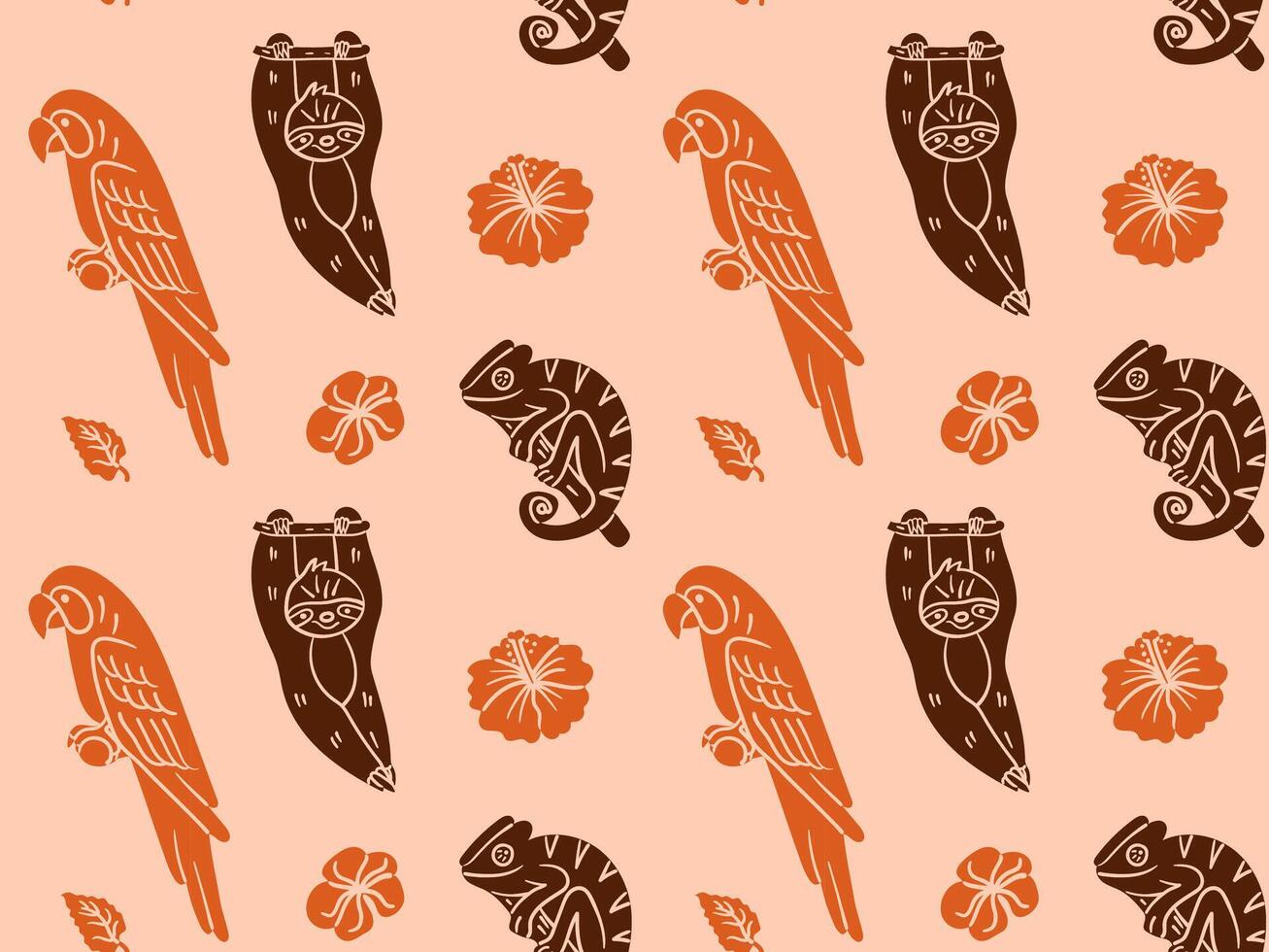 Hand-drawn seamless pattern with sloth, parrot, chameleon, and tropical flowers. Doodle pen imitation, great for jungle-themed decor, textile prints, and summer design projects. vector