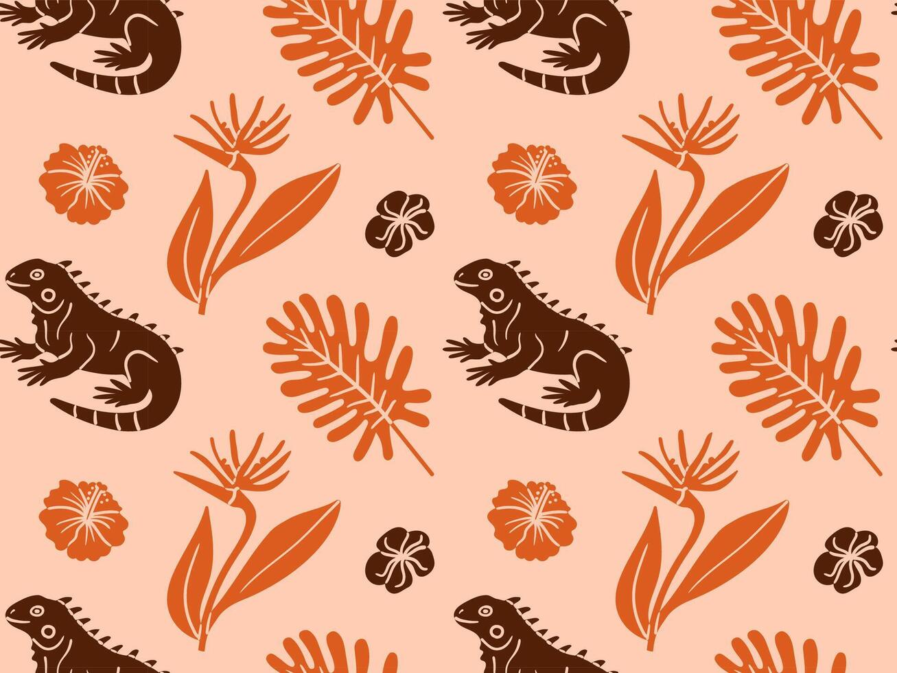 Hand-drawn seamless pattern with iguana, bird of paradise flowers, and tropical leaves. Doodle pen imitation, perfect for summer textiles, jungle-themed prints, and exotic surface designs. vector