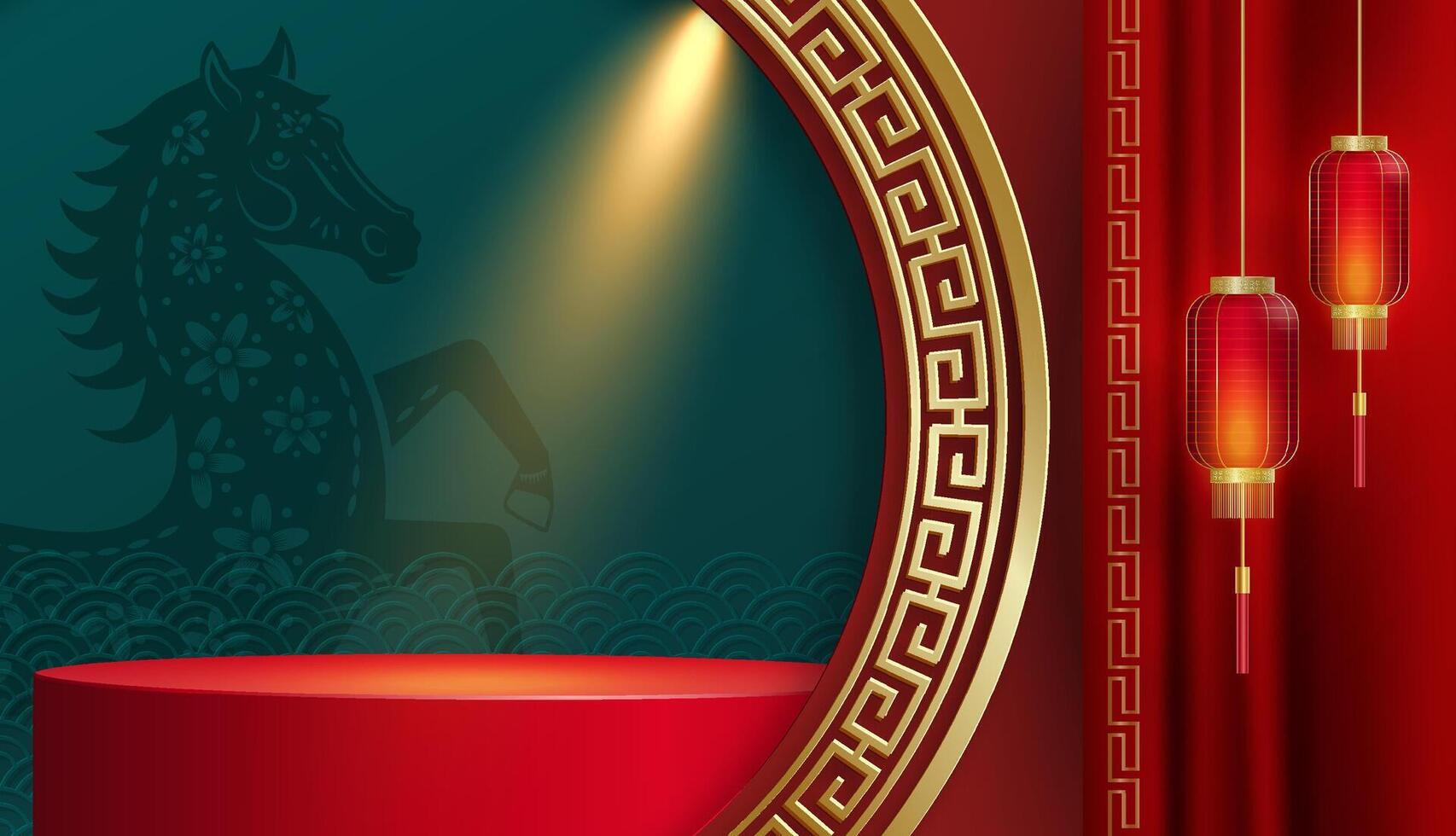 3d red Podium round stage for happy Chinese new year 2026 with horse Zodiac sign with curtain vector