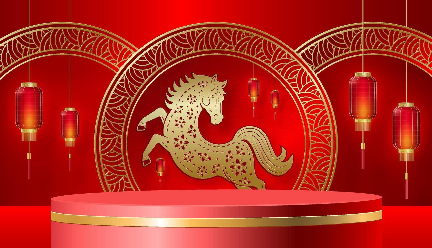 3d red Podium round stage for happy Chinese new year 2024 Dragon Zodiac sign vector