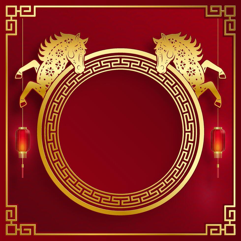 Happy Chinese new year 2026 horse Zodiac sign, with gold paper cut style on color background looking frame vector