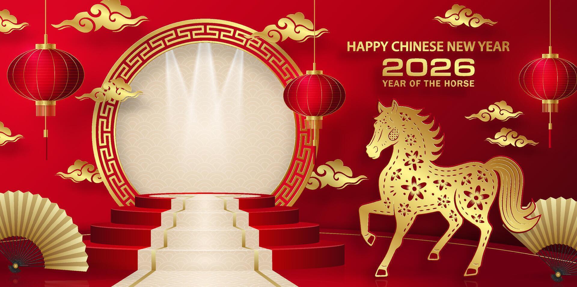 3d red and white Podium round stage for happy Chinese new year 2026 horse Zodiac sign vector