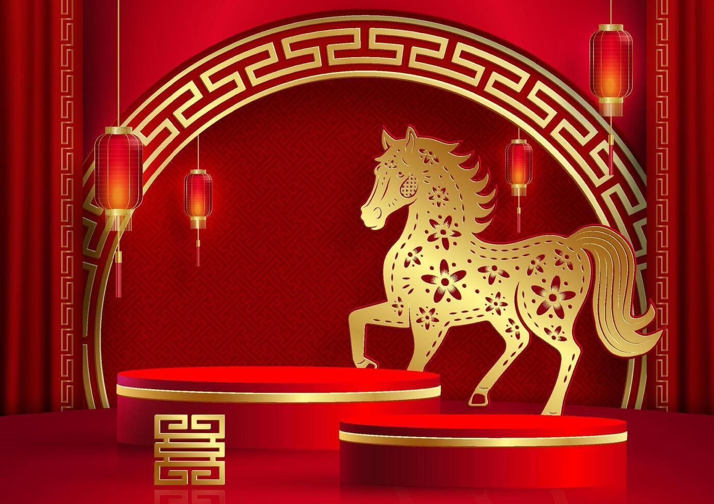 3d Podium round stage for happy Chinese new year 2026 with horse vector