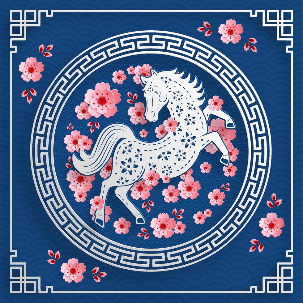 Happy Chinese new year 2026 horse Zodiac sign, with blue and gold paper cut style on color background with flowers vector