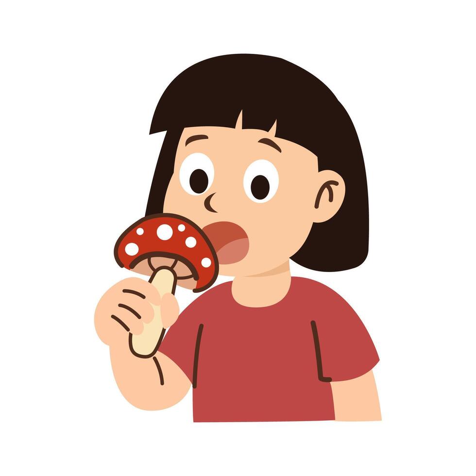 girl eat poisonous mushroom. human eat poisonous mushroom. vector