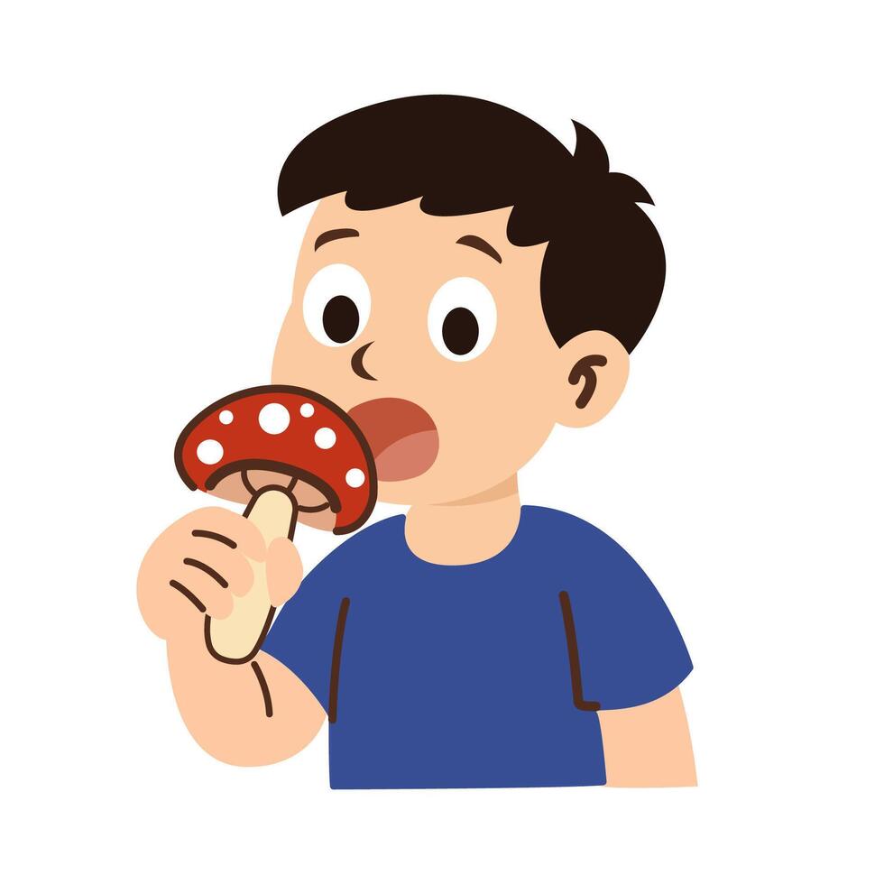 boy eat poisonous mushroom. human eat poisonous mushroom. vector