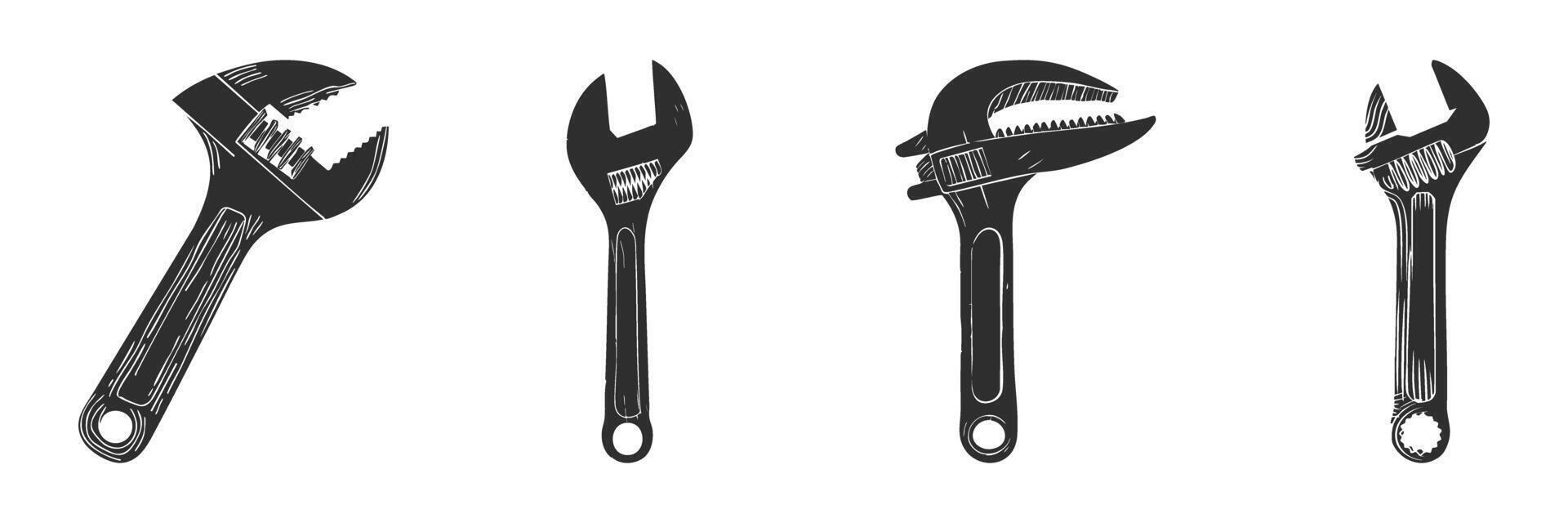 Adjustable Wrenches Silhouette Set. Essential Tools For Repair And Maintenance Tasks. Isolated Illustration Collection vector