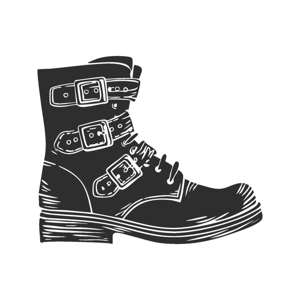 Buckle Strap Combat Boot Silhouette Illustration. Rugged Footwear Design For Fashion And Outdoor Activities. Isolated Illustration vector
