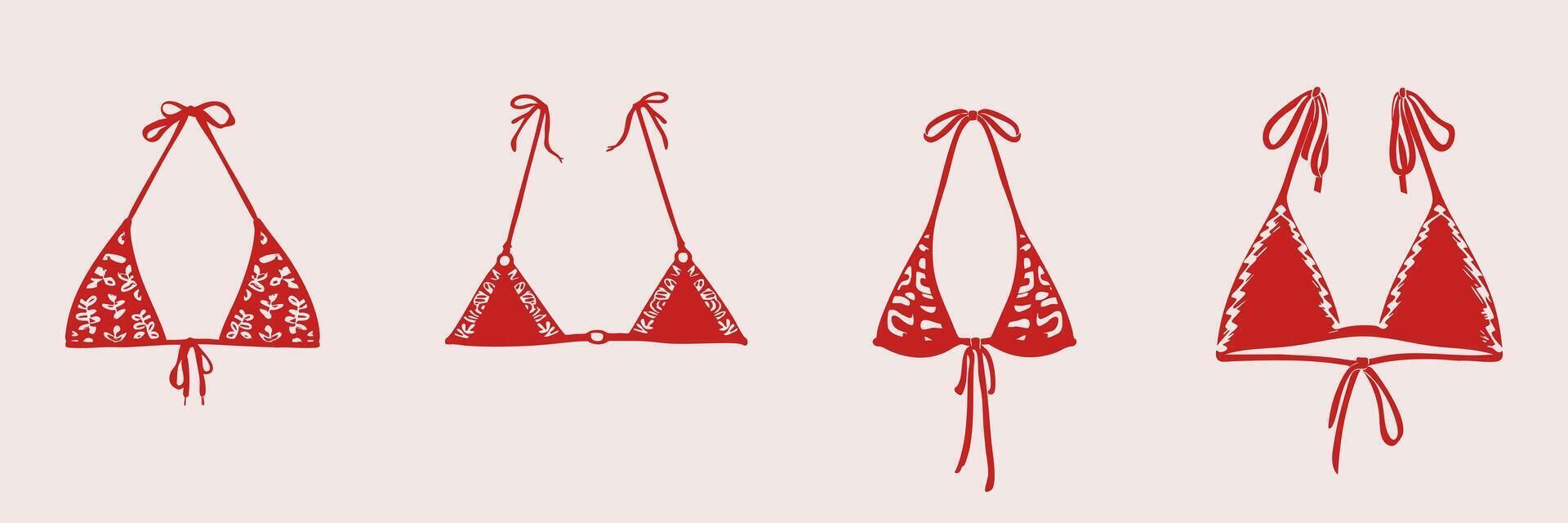 Red Bikini Top Designs Silhouette Set. Fashionable Swimwear Patterns For Summer Beachwear. Isolated Illustration Collection vector