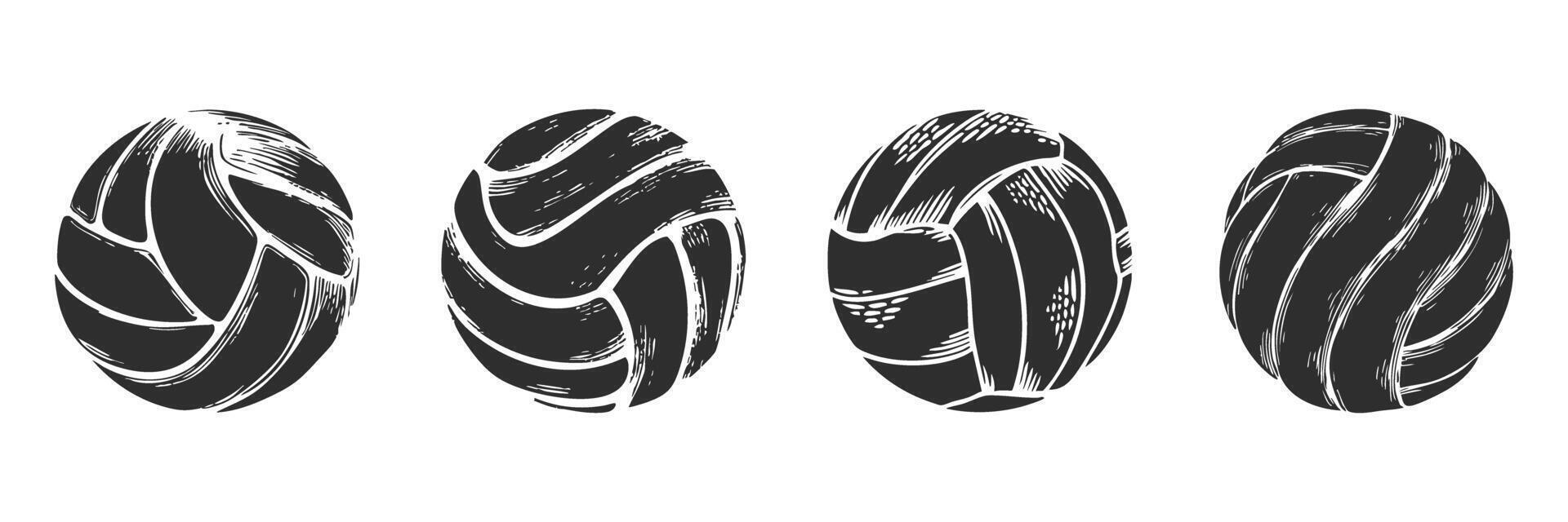 Volleyball Textured Design Silhouette Set. Sports Equipment And Patterned Ball Art Isolated Illustration Collection vector