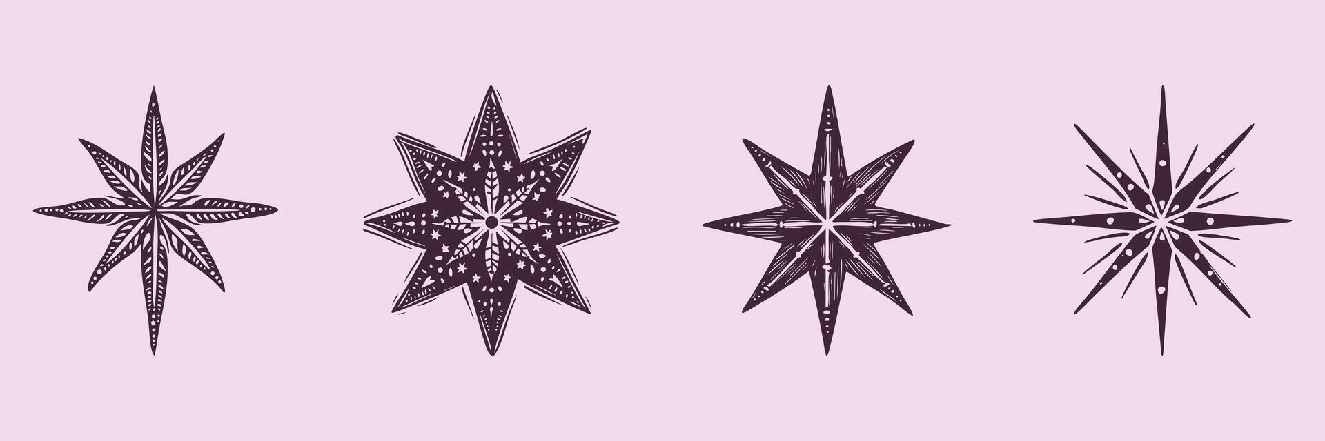 Decorative Starburst Patterns Silhouette Set. Vintage Aesthetic And Celestial Design Elements Isolated Illustration Collection vector