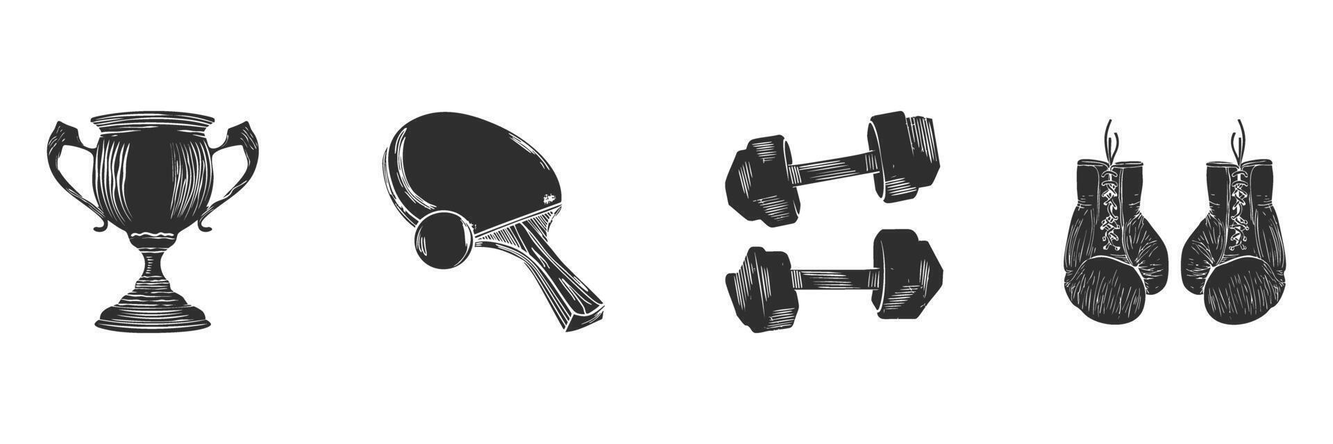 Trophy, Table Tennis Paddle, Dumbbells, Boxing Gloves Silhouette Set. Sports Equipment And Achievement Symbols Isolated Illustration Collection vector