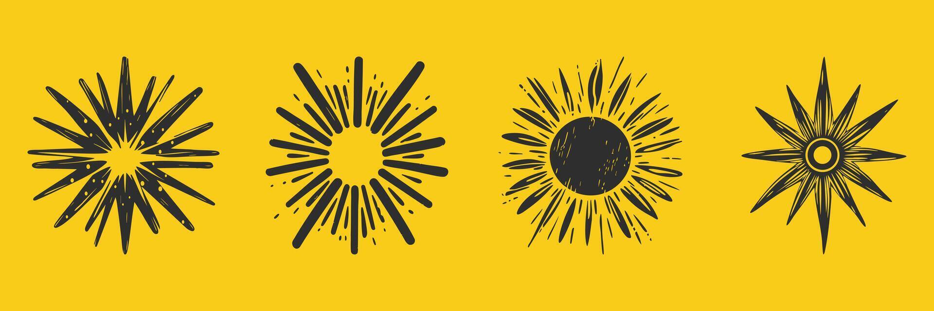 Sunburst And Starburst Design Silhouette Set. Radiant Energy And Light Burst Patterns Isolated Illustration Collection vector