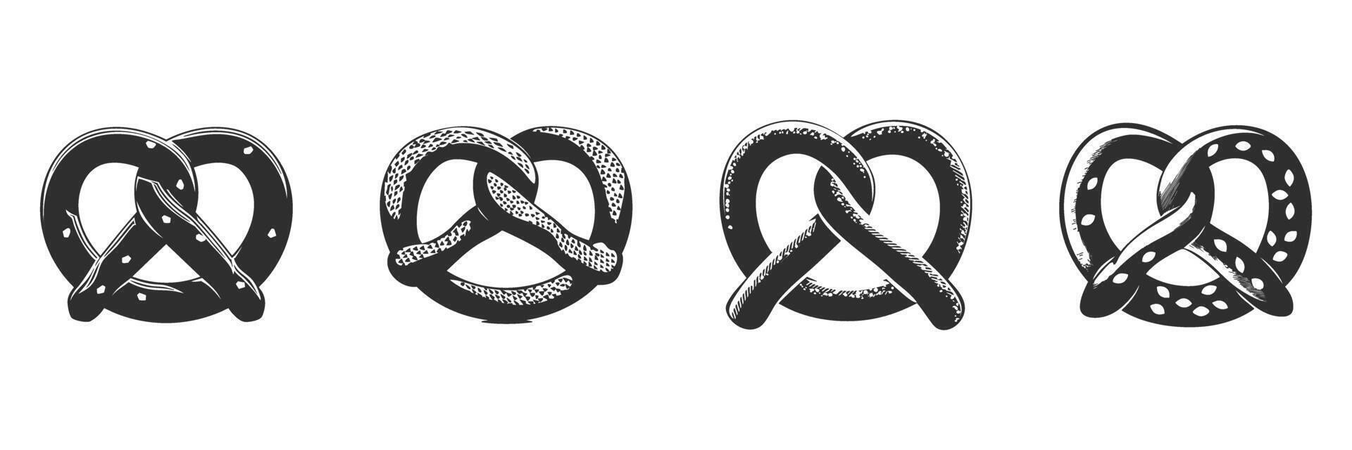 Pretzel Silhouette Set. Traditional Snack Variations In Black And White. Isolated Illustration Collection vector