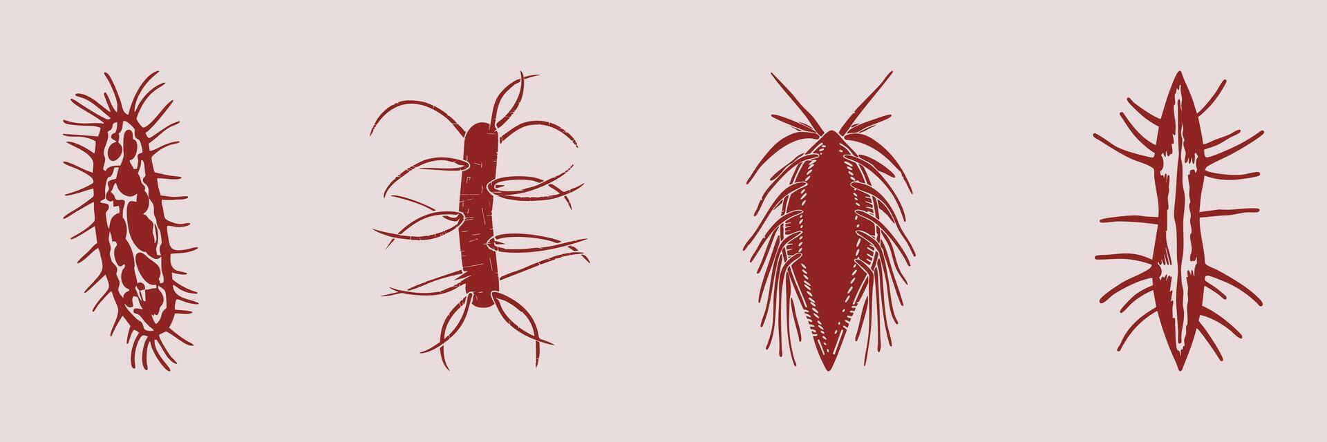 Stylized Bacteria And Microorganisms Silhouette Set. Microbiology And Science Illustration Collection vector