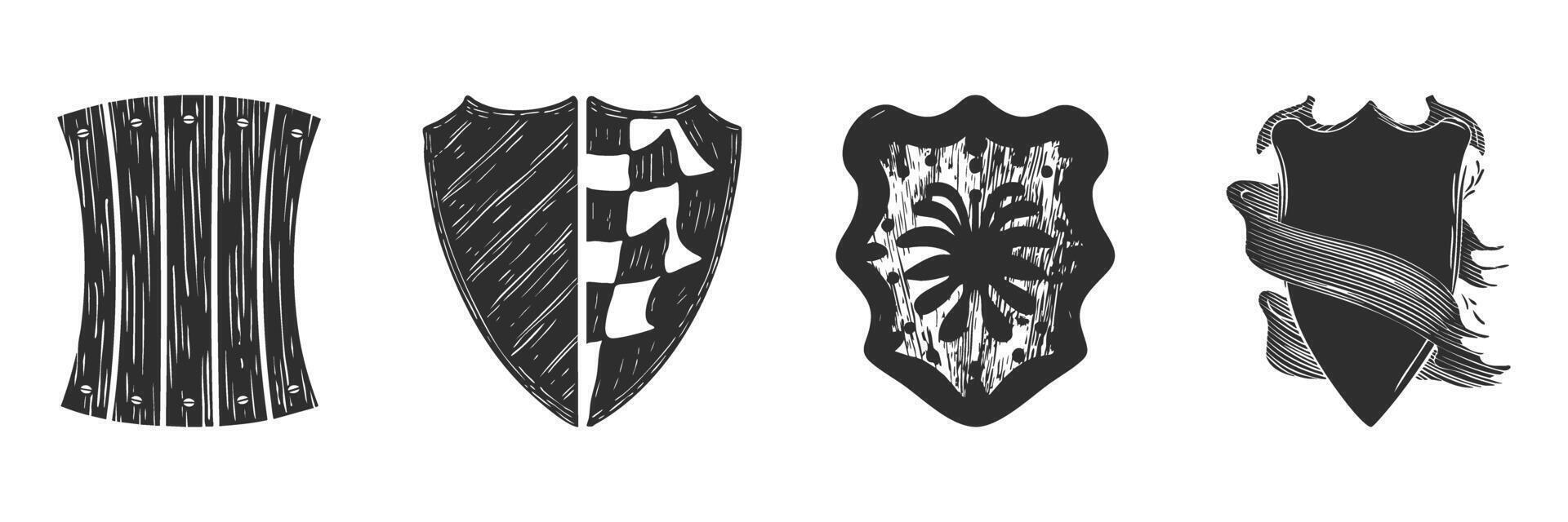 Medieval Shield Designs Silhouette Set. Heraldic Symbols And Emblems For Historical Themes. Isolated Illustration Collection vector