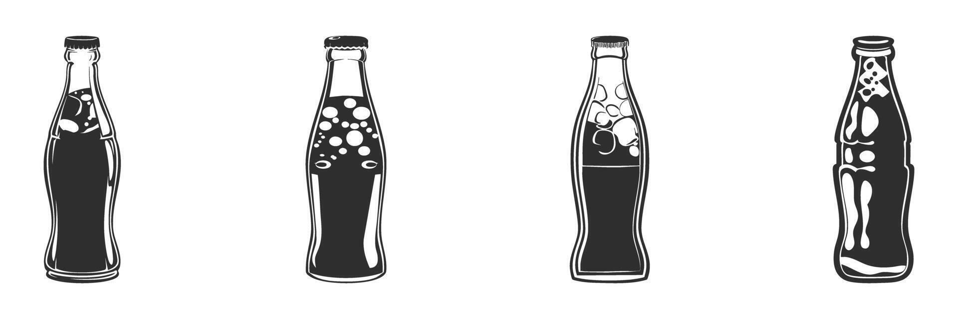 Soda Bottle Silhouettes Set. Classic Beverage Containers With Bubbles And Caps Isolated Illustration Collection vector