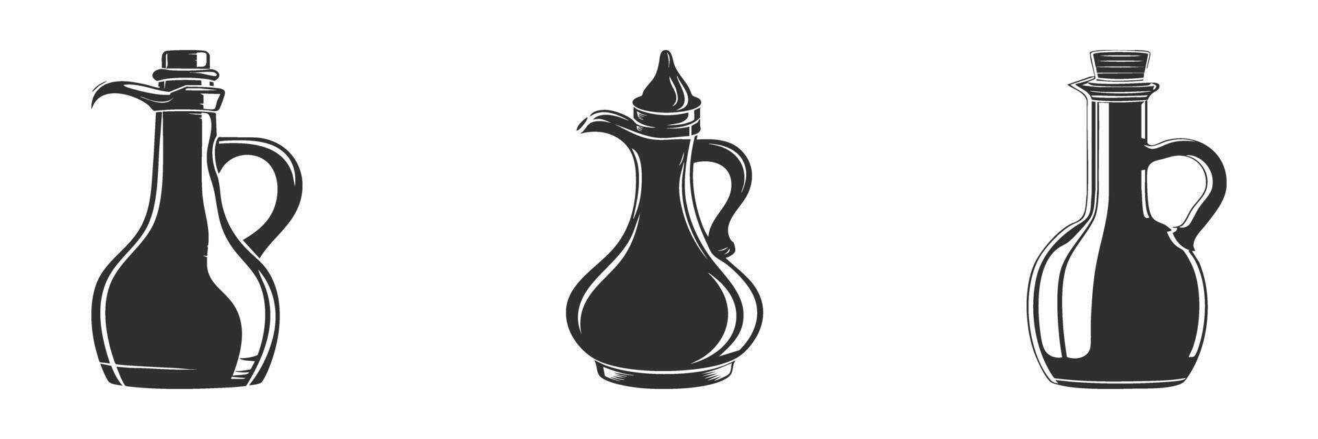 Elegant Oil And Vinegar Cruet Silhouette Set. Culinary Artistry And Kitchen Decor Isolated Illustration Collection vector