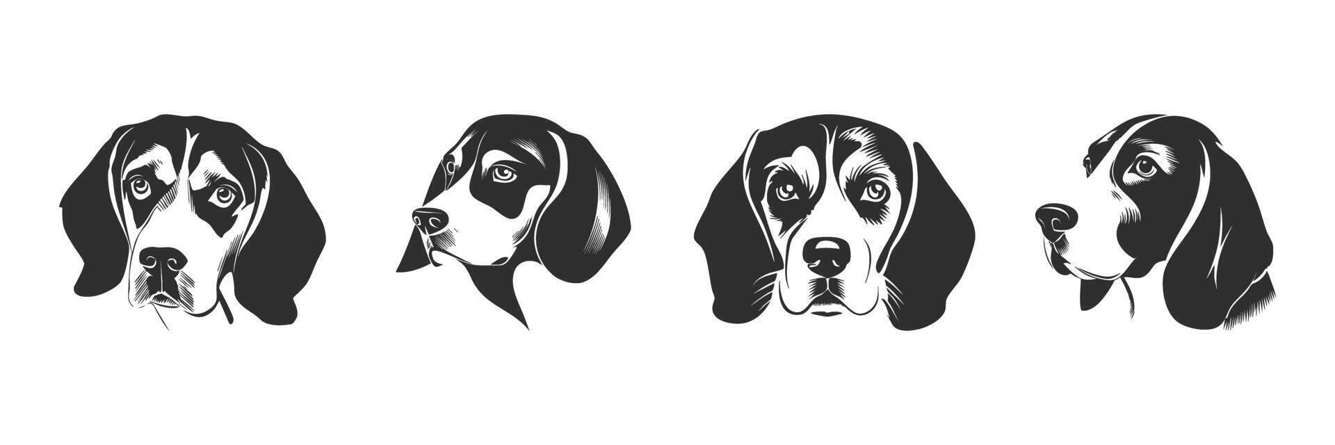 Beagle Dog Head Silhouette Set. Canine Expressions And Profiles Isolated Illustration Collection vector