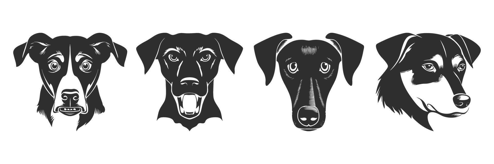 Dog Breed Faces Silhouette Set. Expressive Canine Portraits In Black And White Isolated Illustration Collection vector