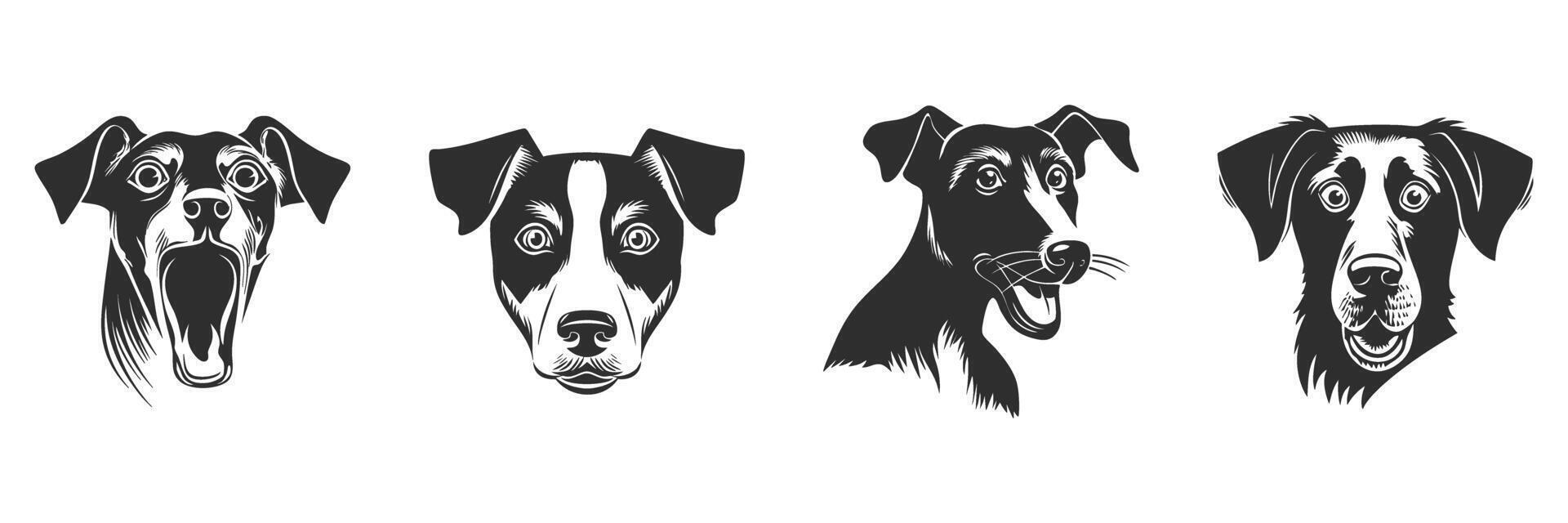 Dog Expressions Silhouette Set. Emotional Canine Faces In Black And White Isolated Illustration Collection vector