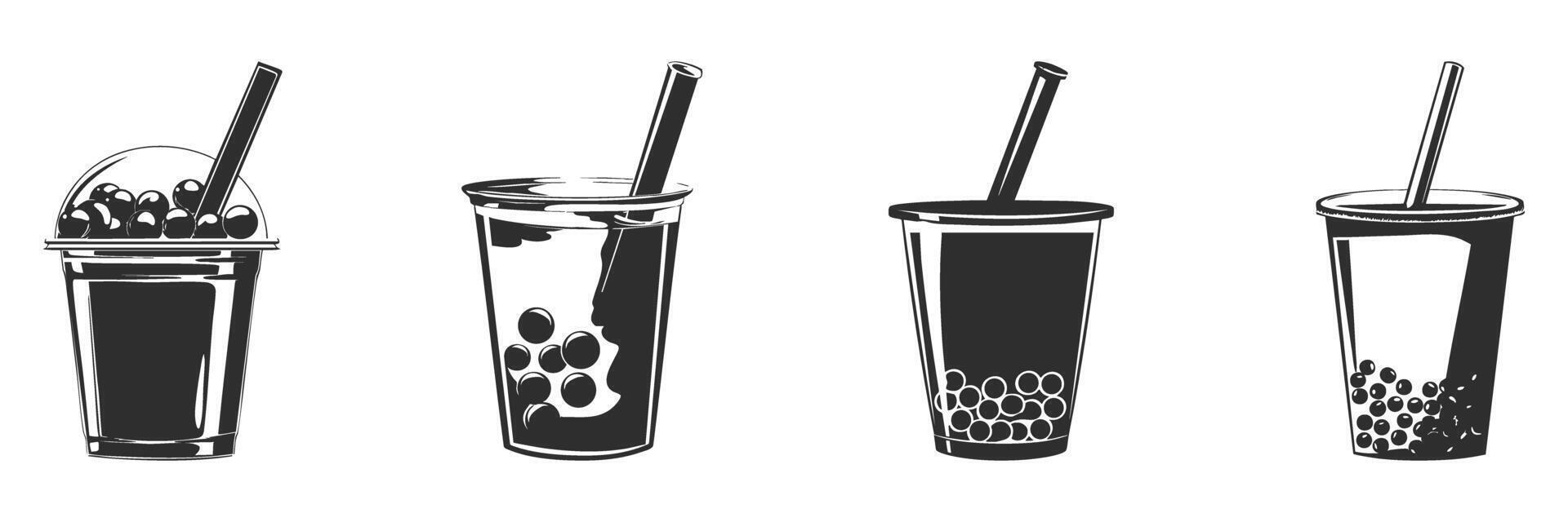 Bubble Tea Cup Silhouette Set. Variety Of Bubble Tea Drinks With Tapioca Pearls And Straws. Isolated Illustration Collection vector