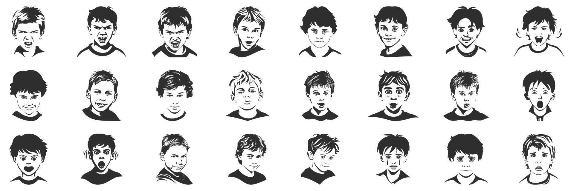 Children Facial Expressions Silhouette Set. Emotions And Reactions In Kids' Faces Isolated Illustration Collection vector