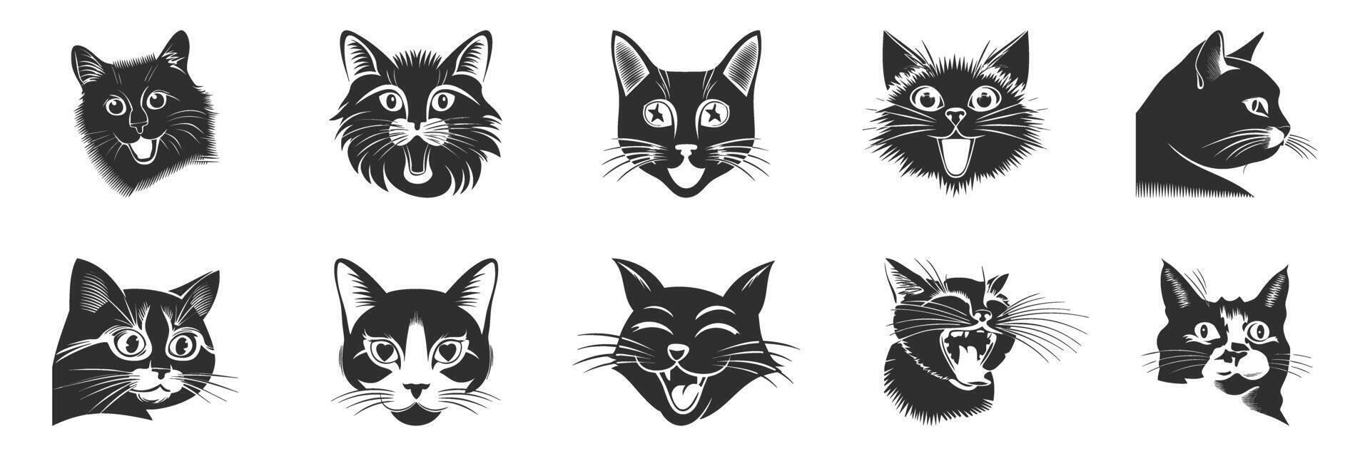 Cat Expressions Silhouette Set. Diverse Feline Emotions And Reactions Isolated Illustration Collection vector