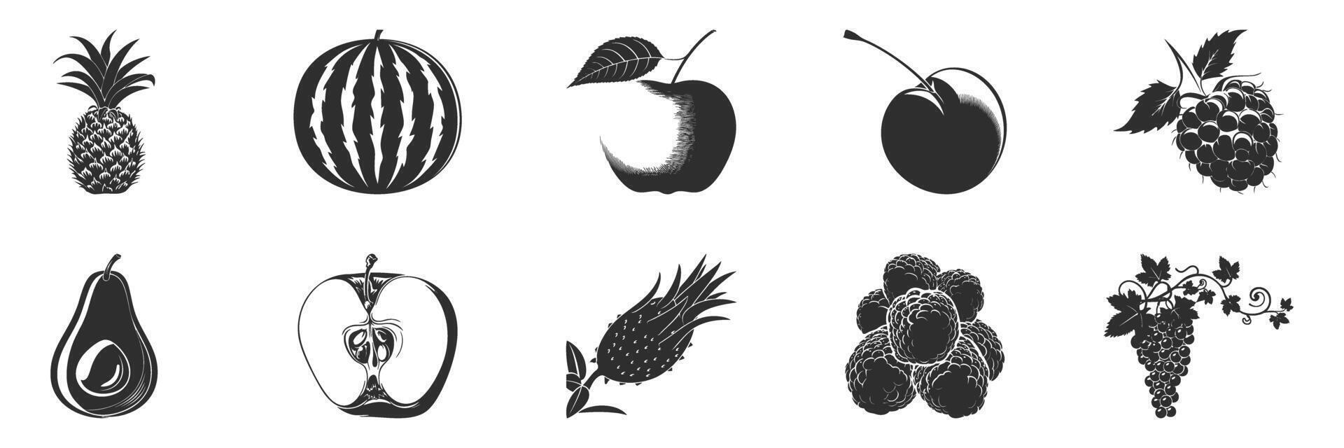 Fruit Silhouettes Collection. Pineapple, Watermelon, Apple, Cherry, Raspberry Isolated Illustration Set vector