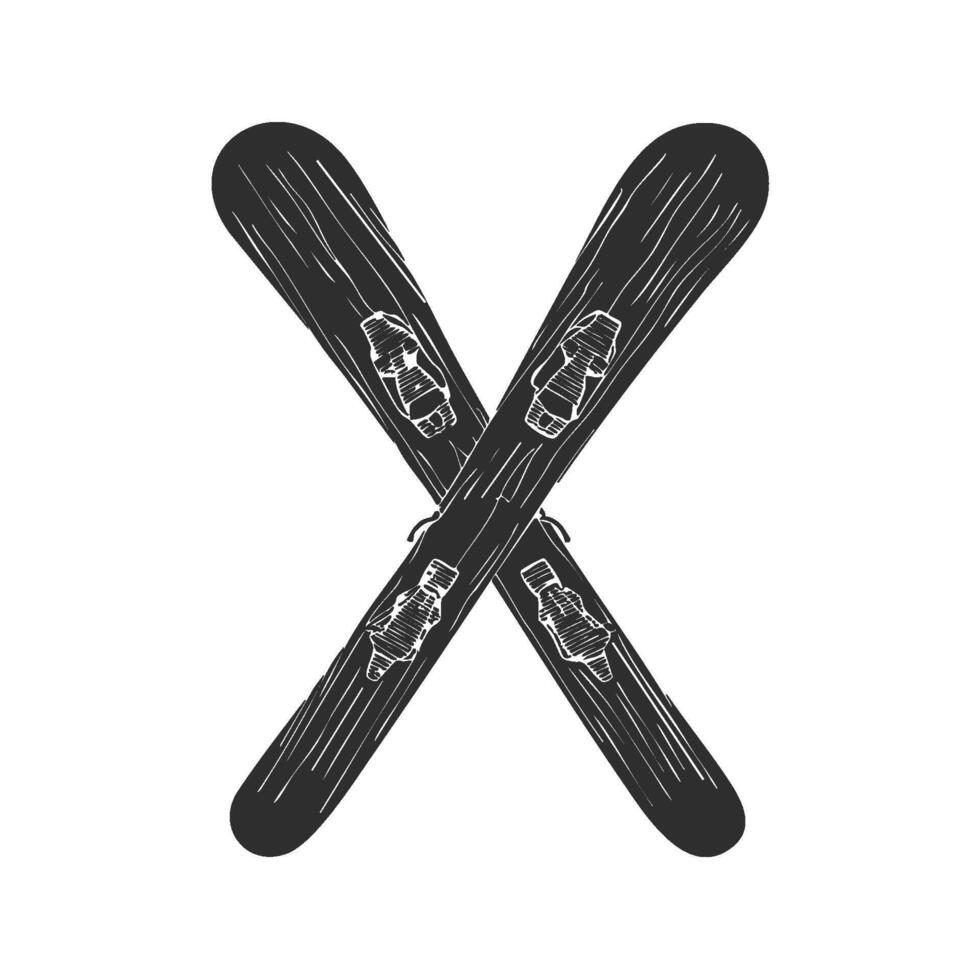 Crossed Skis With Bindings Silhouette Illustration. Winter Sports Equipment And Adventure Theme Isolated Illustration vector