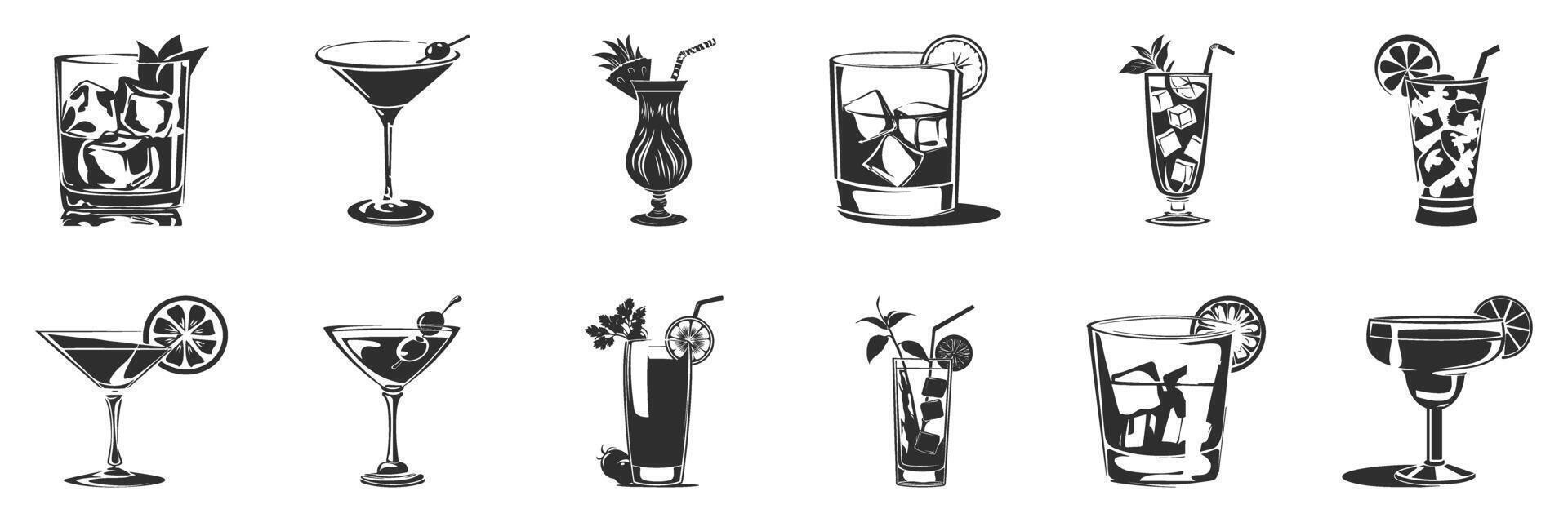 Cocktail Glasses And Drinks Silhouette Set. Variety Of Beverage Illustrations With Garnishes And Ice Cubes. Isolated Illustration Collection vector