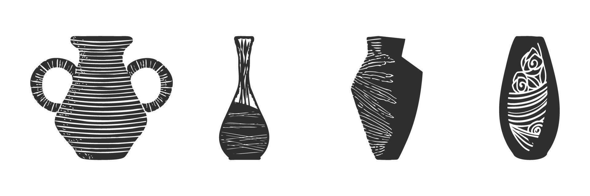 Decorative Pottery And Vase Silhouette Set. Artistic Ceramic Designs For Home Decor And Craft Projects. Isolated Illustration Collection vector