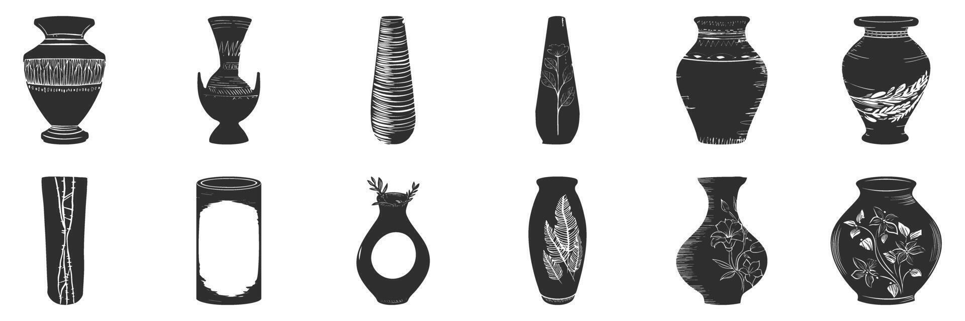 Decorative Vase Silhouette Set. Artistic Pottery Designs With Floral And Geometric Patterns Isolated Illustration Collection vector