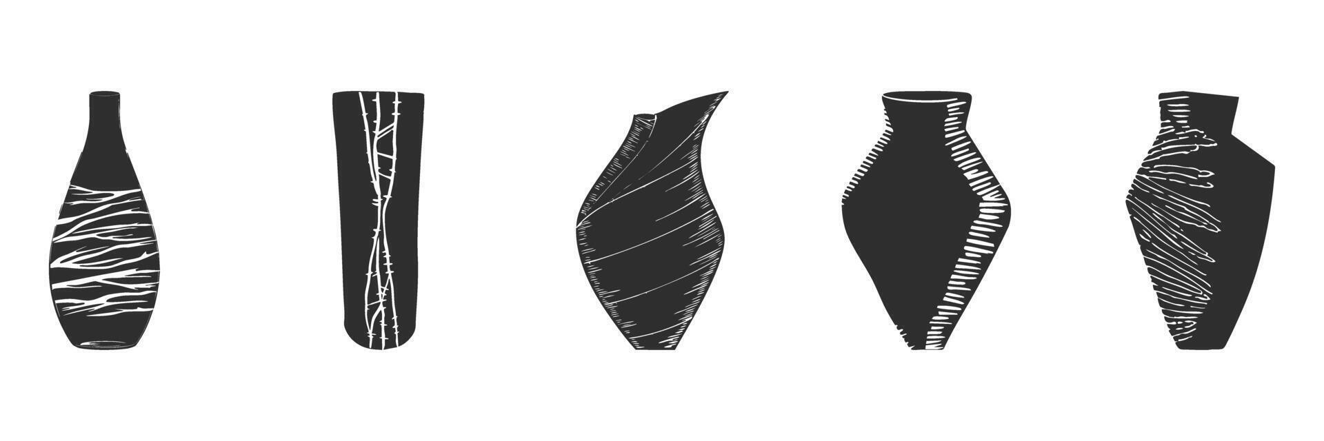 Decorative Vase Silhouette Set. Artistic Pottery Design With Textured Patterns Isolated Illustration Collection vector