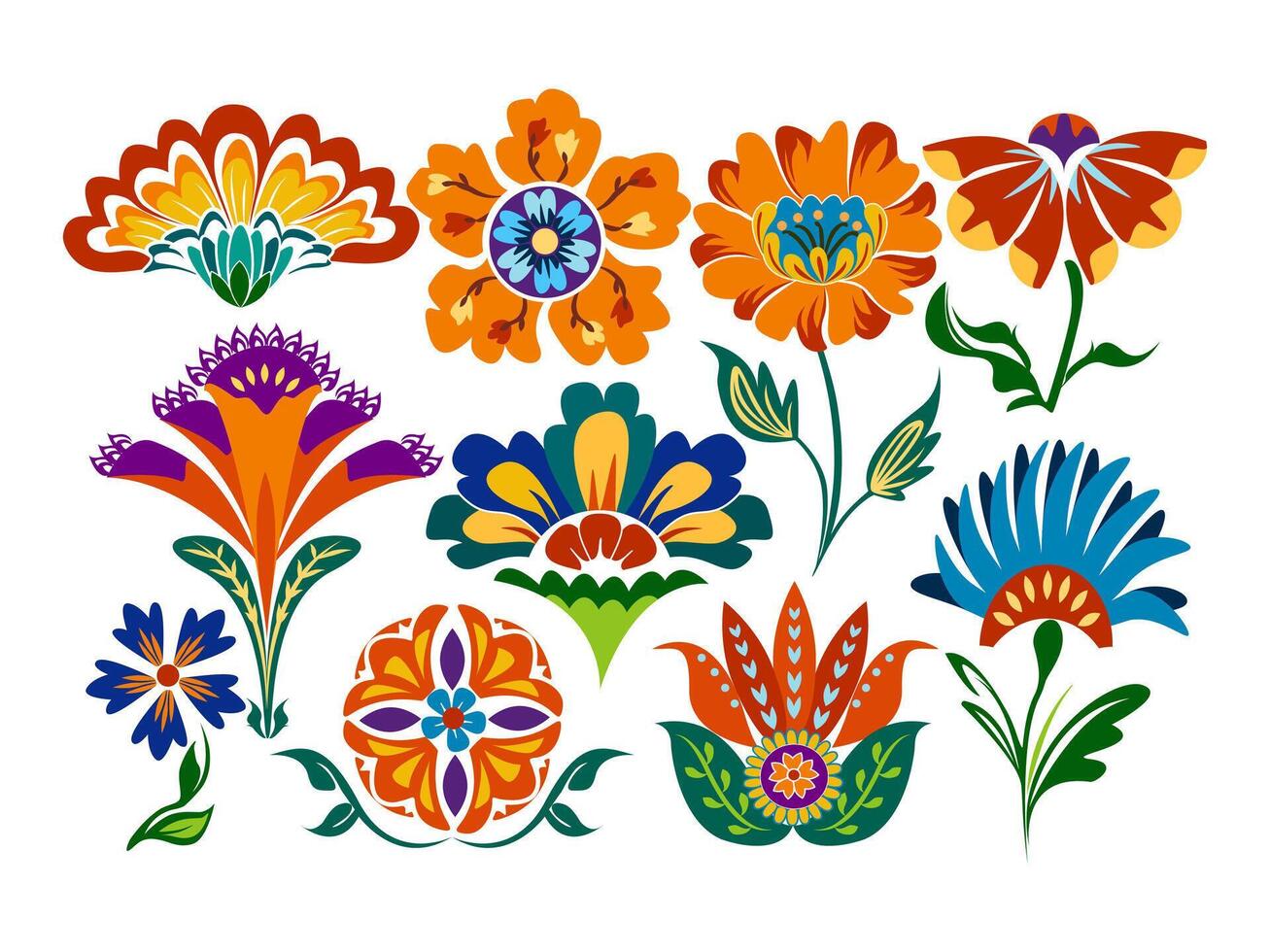 Set Of Folk Hand Drawn Flowers Exotic Fantasy Floral Boho Flower Print Design. vector
