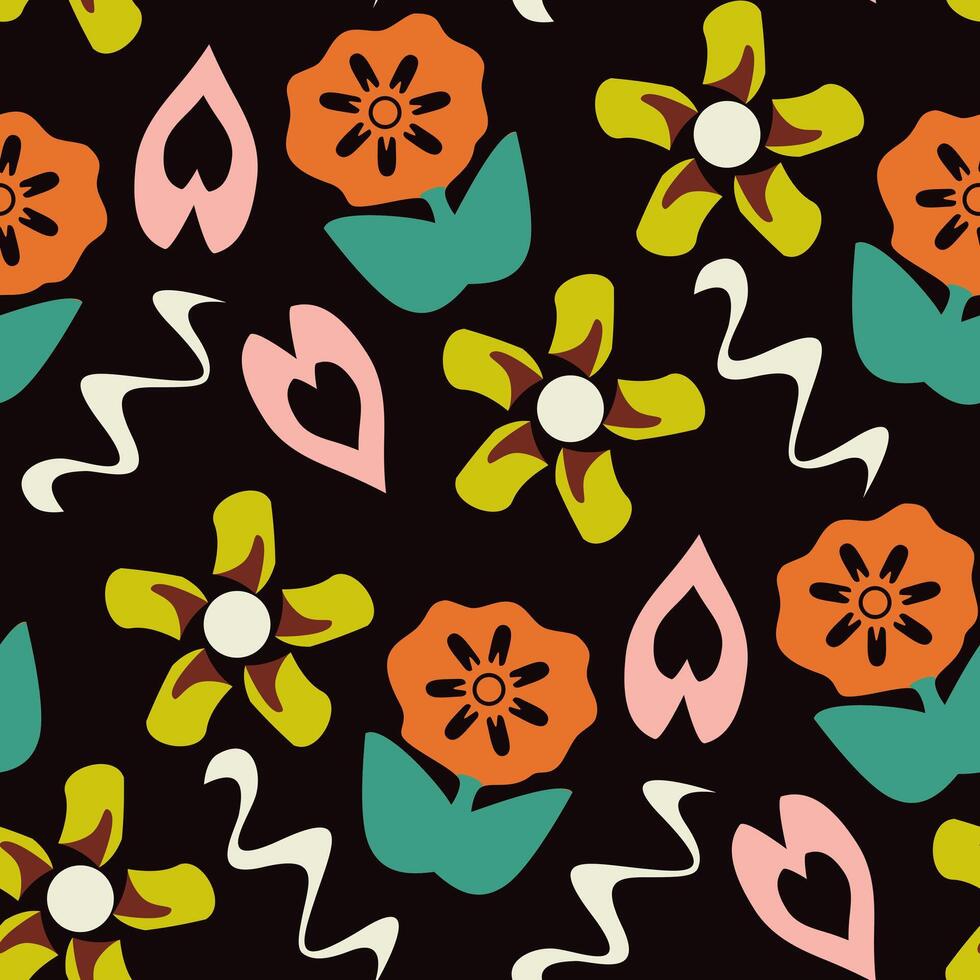 Floral Pattern Vibrant Colors On Black Background Abstract Flower Pattern Seamless. vector