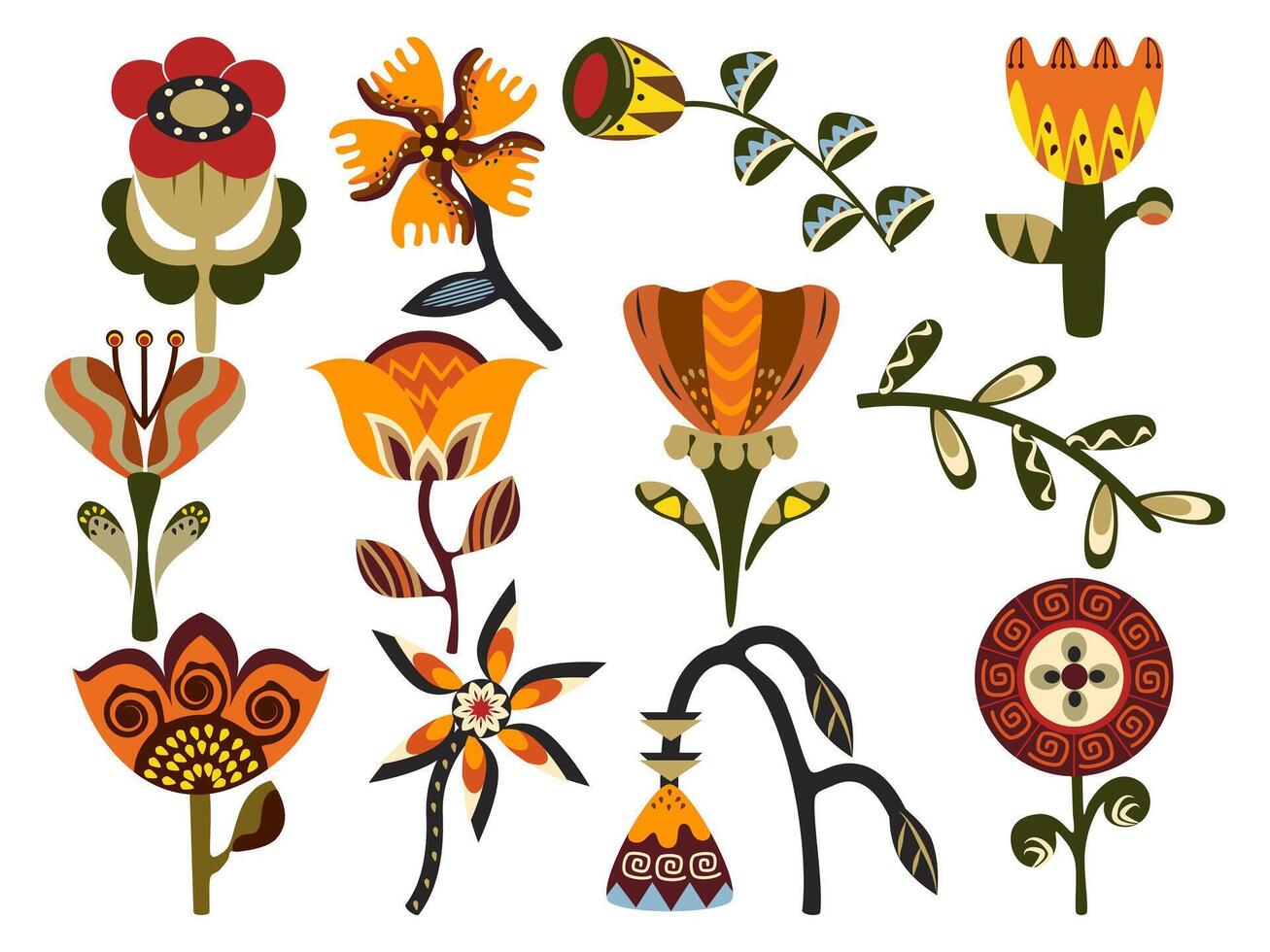 Set Of Abstract Flower Elements Ornamental Floral Design Inspired By Africa Patterns And Hand Drawn Folk Flower. vector